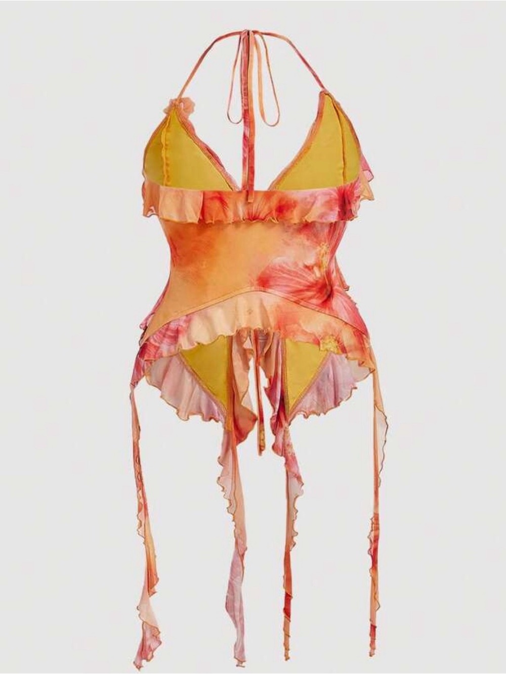 SHEIN Pink Orange Floral Ruffled Halter Tank Top - Picture 2 of 3